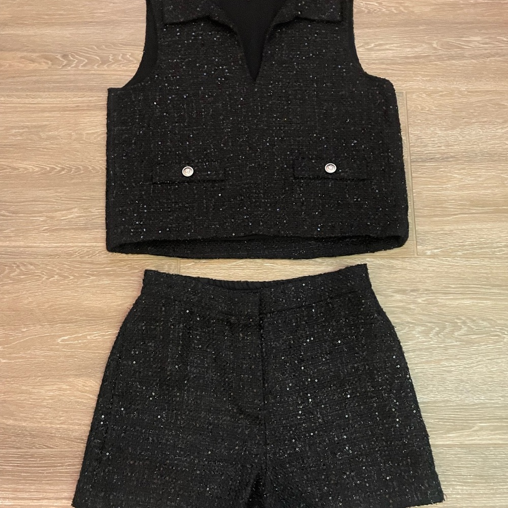 Maje Black Sequin Shorts Set